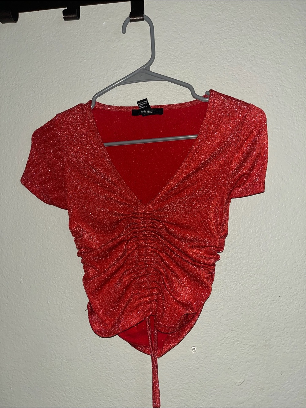 Forever 21 Red Glitter Ruched V-Neck Drawstring Crop Top